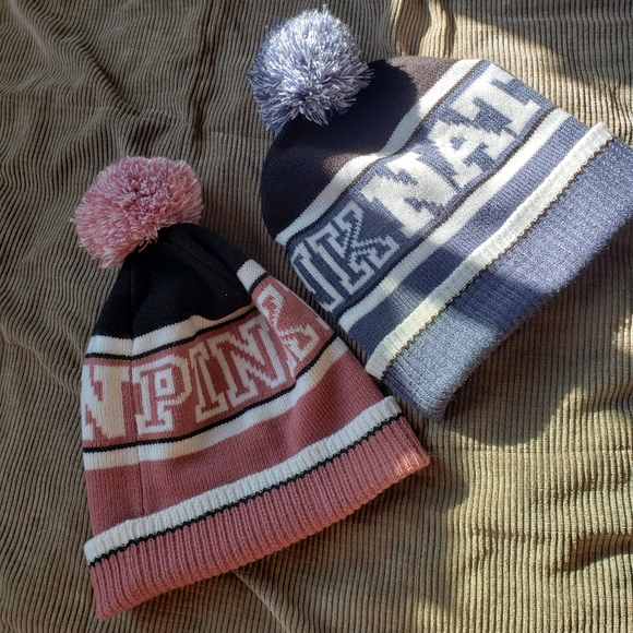 Set: 2 VS PINK Beanies w/ Pom - Picture 1 of 3